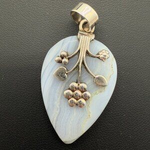 Gorgeous Blue Lace Agate and Marked 925 Silver Teardrop Blue Nature Pendant